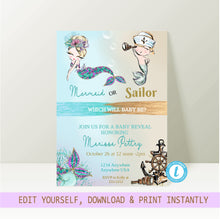 Load image into Gallery viewer, Mermaid or Sailor Gender Reveal Invitation, Sailor Nautical Gender Reveal Party Invite, Glitter, He or She What Will Baby be edit yourself