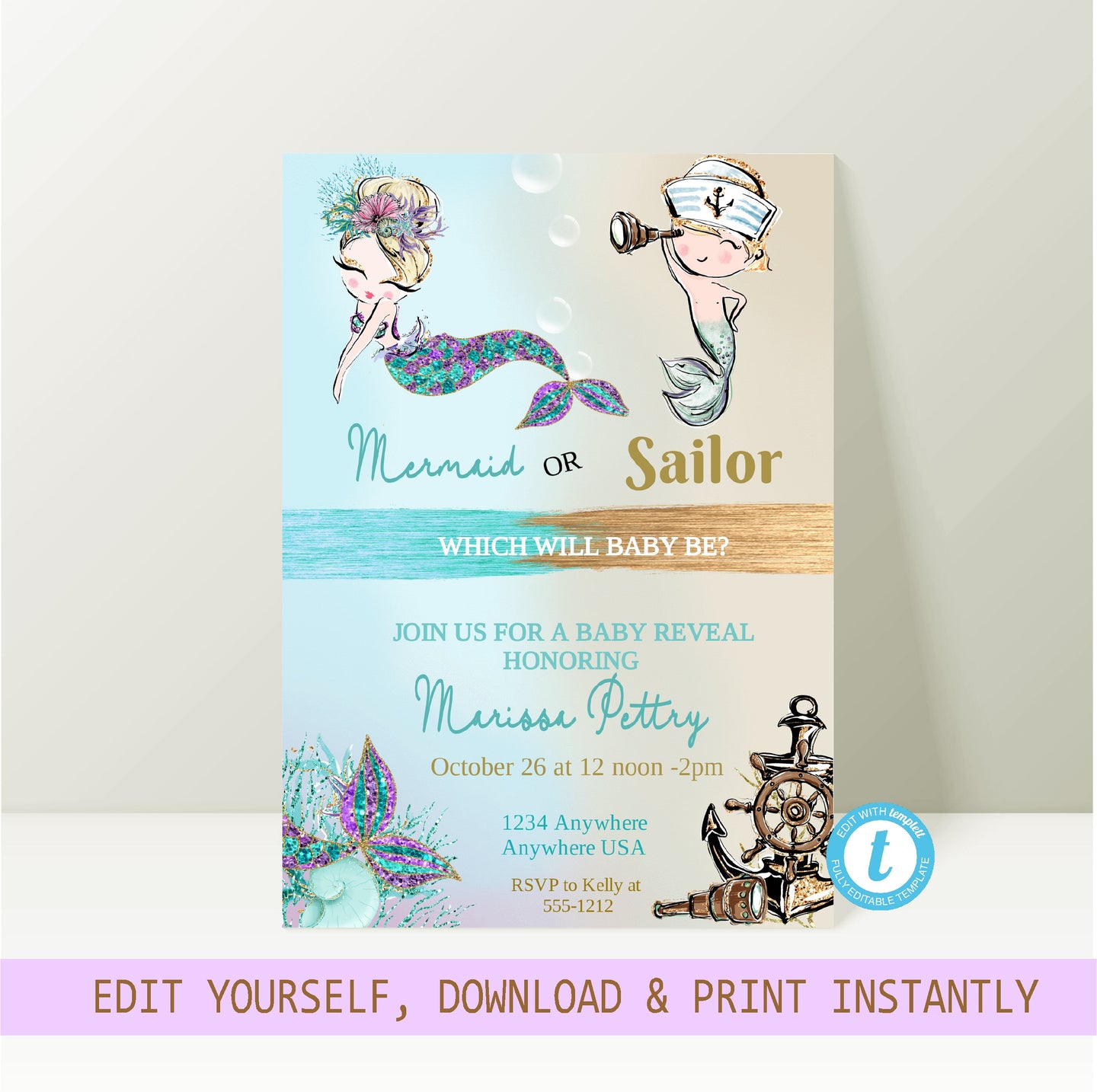 Mermaid or Sailor Gender Reveal Invitation, Sailor Nautical Gender Reveal Party Invite, Glitter, He or She What Will Baby be edit yourself