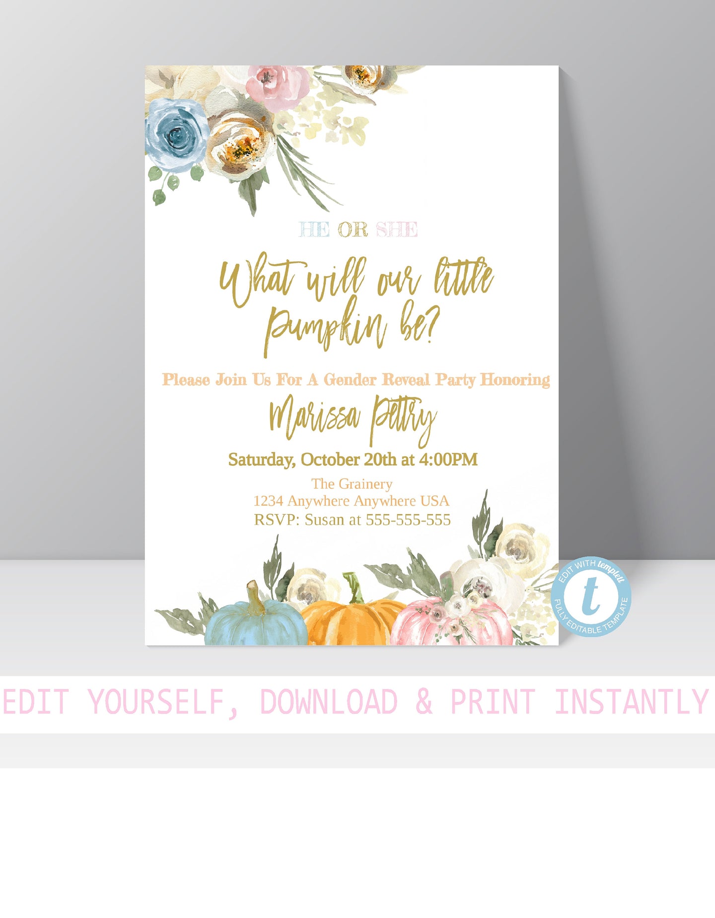 Pumpkin Gender Reveal Invitation, Blush Pink and Dusty Blue, He or She, Boy or Girl, Fall Floral  Baby Gender Reveal Party, Editable Invite
