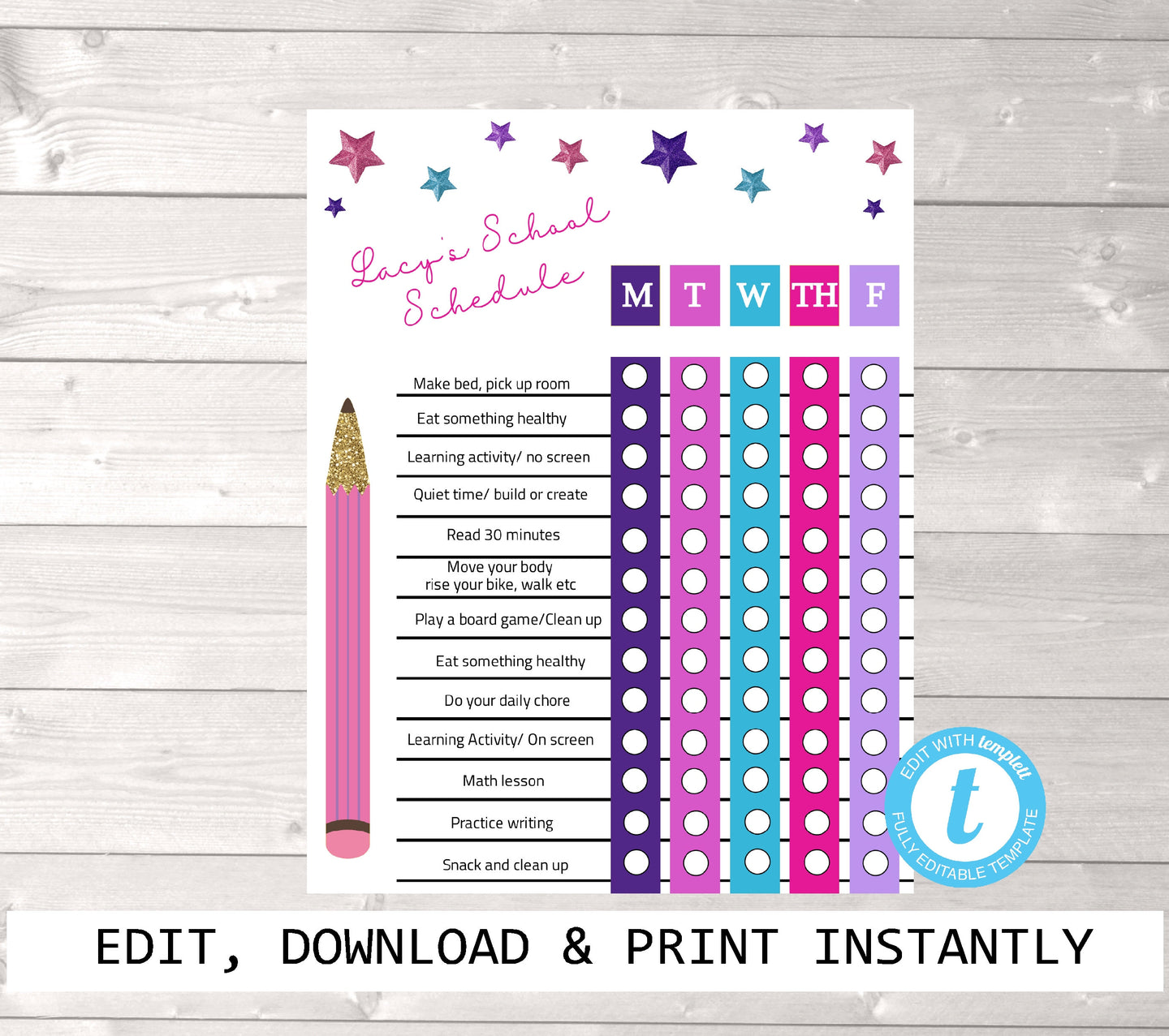 Homechool schedule, Back to school, Distance Learning Chart, Family Schedule, Glitter Daily Planner, Kids Routine Checklist, Timeline, Chore