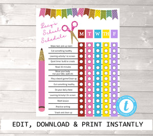 Homechool schedule, Back to school, Distance Learning Chart, Family Schedule, Glitter Daily Planner, Kids Routine Checklist, Timeline, Chore