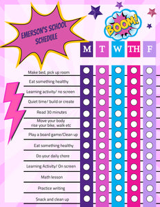 Superhero Homechool schedule, Back to school, Distance Learning Chart,Comic, Family  Daily Planner, Kids Routine Checklist, Timeline, Chore
