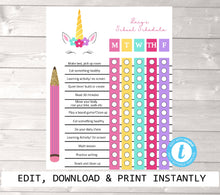 Load image into Gallery viewer, Unicorn Homechool schedule, Back to school, Distance Learning Chart,Comic, Family  Daily Planner, Kids Routine Checklist, Timeline, Chore