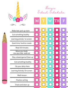 Unicorn Homechool schedule, Back to school, Distance Learning Chart,Comic, Family  Daily Planner, Kids Routine Checklist, Timeline, Chore