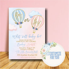 Load image into Gallery viewer, Hot air Balloon Gender Reveal  Invitation, Boy or girl, adventure awaits, Invite blue or pink  printable  blue blush pink gold Glitter, 1114