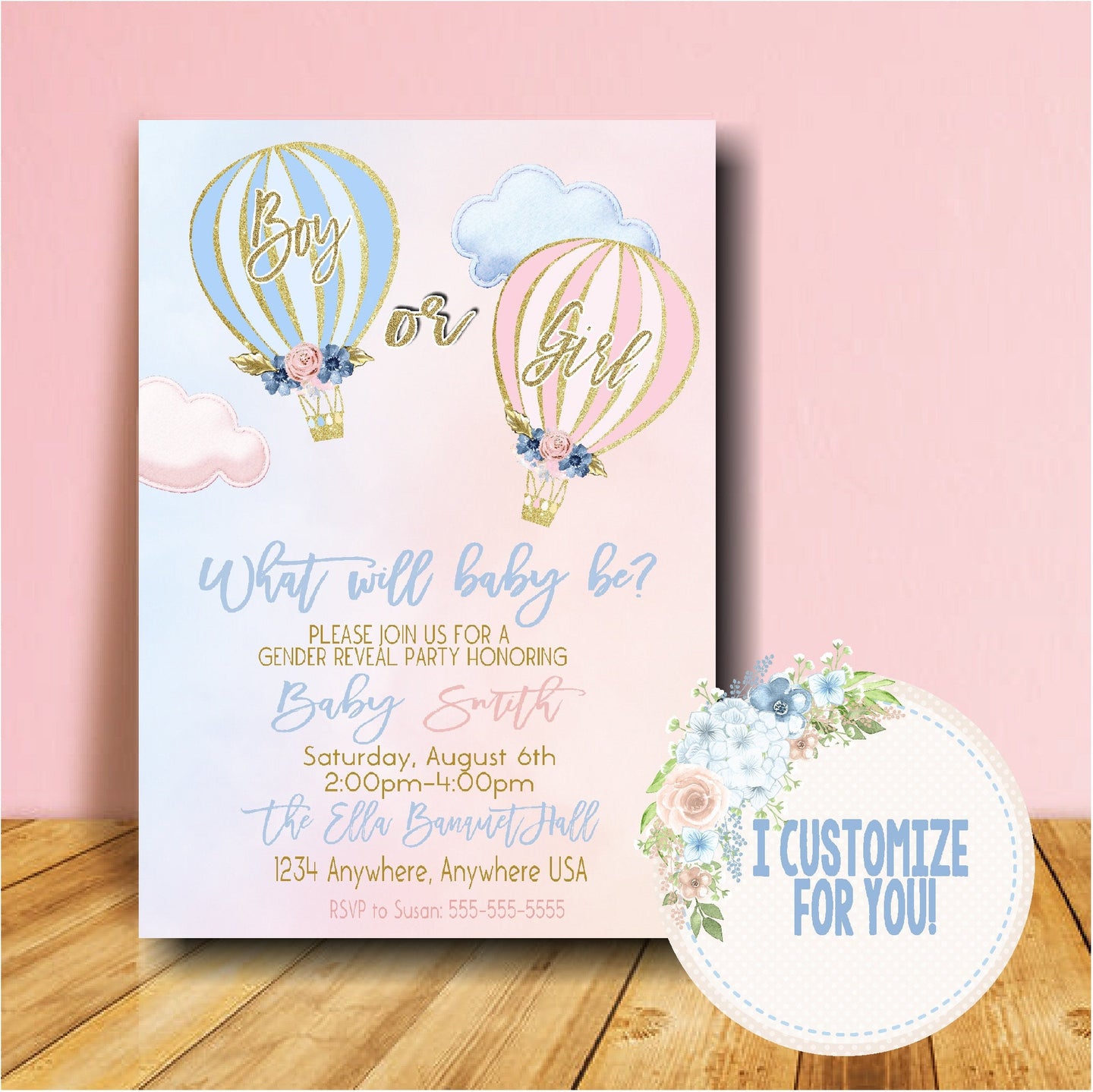 Hot air Balloon Gender Reveal  Invitation, Boy or girl, adventure awaits, Invite blue or pink  printable  blue blush pink gold Glitter, 1114