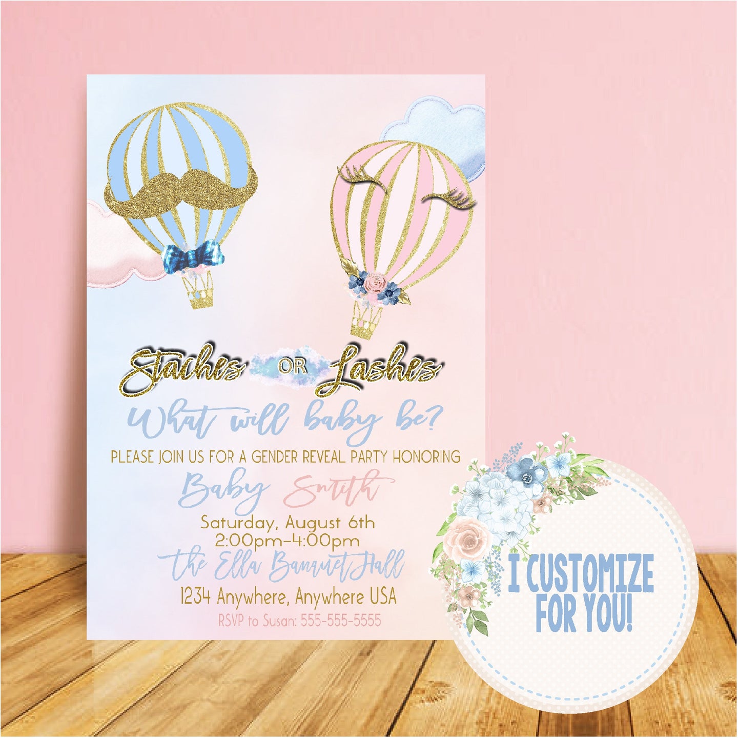 Hot air Balloon Gender Reveal  Invitation, staches or lashes, adventure awaits, Invite blue or pink  printable,   gold Glitter, 1114
