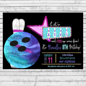 Bowling Birthday invitation, Bowl, Periwinkle Bowling Invitation,  Let's Bowl and strike up some fun, Girl T,ealBowling invite gltter