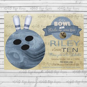 Boys Bowling Birthday invitation, Bluebowling invitation, Lets bowl and strike up some fun, Neutral Bowl, 80's, Disco, Digital file