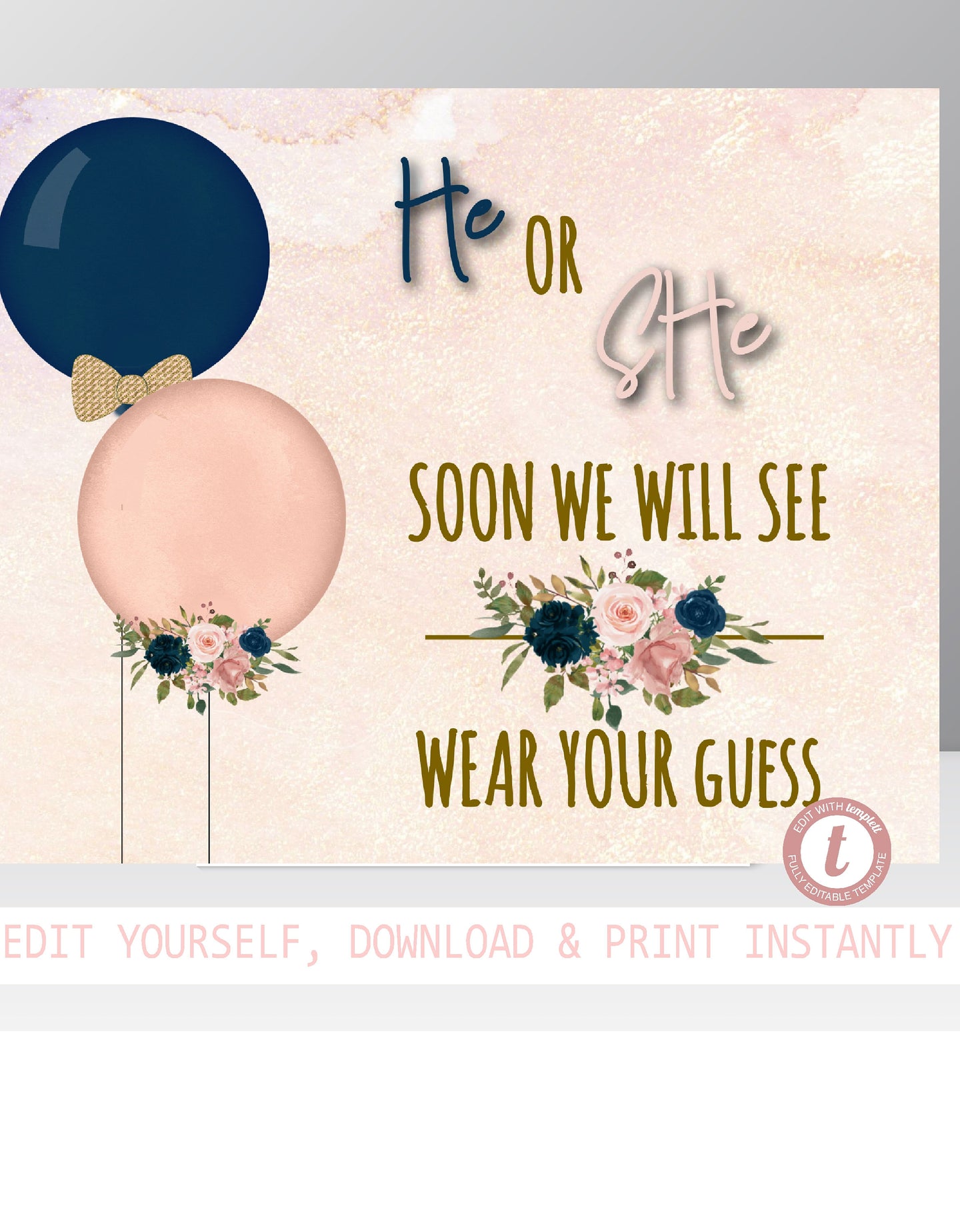 Balloon Gender RevealWHat will Baby be? Sign  Baby Shower, Boy or Girl, He or She, Pink and Blue Balloons, Instant Download