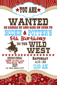 Cowboy western, Cowgirl, cow girl  horse  Birthday Party Invitation printable digital
