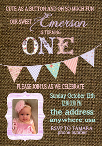 Baby SHower Shabby chic   Birthday Party printable invitation invitation. vintage burlap
