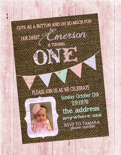 Baby SHower Shabby chic   Birthday Party printable invitation invitation. vintage burlap