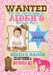 Cowboy western, Cowgirl, cow girl  horse  Birthday Party Invitation printable digital