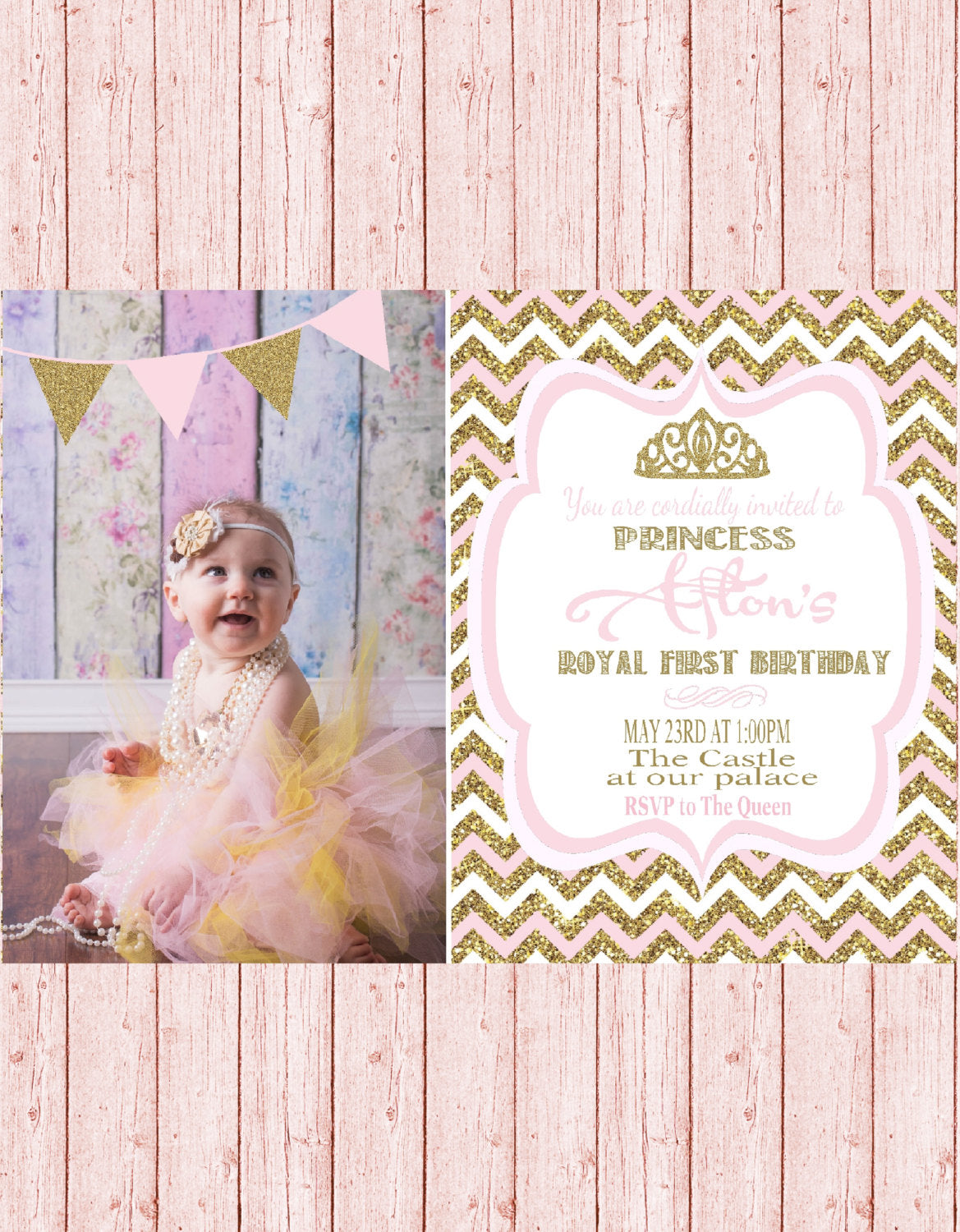 Pricess party, gold glitter,  Birthday Party Invitation printable digital, first birthday, baby shower, pink chevron