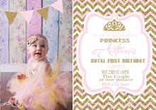 Load image into Gallery viewer, Pricess party, gold glitter,  Birthday Party Invitation printable digital, first birthday, baby shower, pink chevron