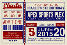 Load image into Gallery viewer, Custom,sports, baseball, football, soccer birthday invitations. ticket style 4x6 sports ticket invite invites