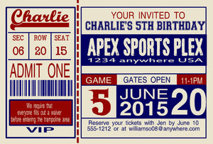 Custom,sports, baseball, football, soccer birthday invitations. ticket style 4x6 sports ticket invite invites