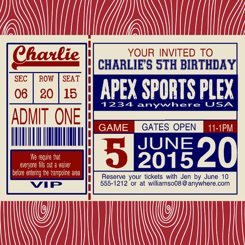 Custom,sports, baseball, football, soccer birthday invitations. ticket style 4x6 sports ticket invite invites