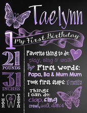 Load image into Gallery viewer, First Birthday Butterly Board, Butterfly Chalkboard, Butterfly Chalk sign,  First Birthday, Butterfly, Sign Printable Size 16x20 photo prop