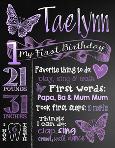 First Birthday Butterly Board, Butterfly Chalkboard, Butterfly Chalk sign,  First Birthday, Butterfly, Sign Printable Size 16x20 photo prop