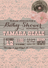 Load image into Gallery viewer, Rustic, Burlap and Lace, Wood, Rose, Girl Baby Shower Invitation, Shabby chic, Invite, Shabby, Printable, Customize, 5x7