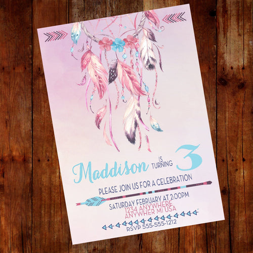 DREAM CATCHER invitation, Pow Wow Invitation. tribal baby Birthday, shower, Feather and Arrow, Tribal Invitation,  Boho Birthday, Boho Chic,