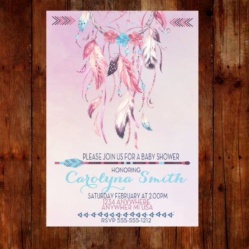 DREAM CATCHER invitation, Pow Wow Invitation. tribal baby shower, Feather and Arrow, Tribal Invitation,  Boho Birthday, Boho Chic,