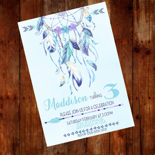 DREAM CATCHER invitation, Pow Wow Invitation. tribal baby Birthday, shower, Feather and Arrow, Tribal Invitation,  Boho Birthday, Boho Chic,