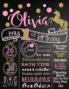 Unicorn First Birthday Chalkboard, Pink and Gold Glitter Poster | Girl 1st Birthday Board | Chalk board | Girl |  Polka Dots, Personalized