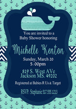 Load image into Gallery viewer, Whale Baby shower invitation, Nautical invite, Whale  Birthday, baby shower, Anchor , Birthday Invitation,  Mint green blue