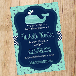 Whale Baby shower invitation, Nautical invite, Whale  Birthday, baby shower, Anchor , Birthday Invitation,  Mint green blue