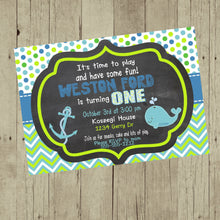 Load image into Gallery viewer, Whale Baby Birthday invitation, Nautical invite, Whale   baby shower, Anchor , Birthday Invitation,  Mint green blue