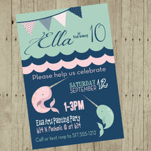 Load image into Gallery viewer, Narwhal Birthday invitation, Nautical invite, Narwhal  Birthday, baby shower, Anchor , Birthday Invitation,  Mint green blue