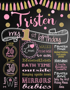 Pink and Gold Tassel Glitter First Birthday Chalkboard Poster | Girl 1st Birthday Chalk Board | Custom Printable | Girl |Glitter  Polka Dots