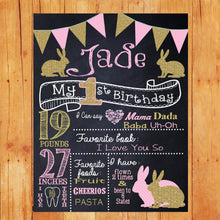 Load image into Gallery viewer, Some bunny is one birthday sign, Gold &amp; Pink | shabby chic, bunny First Birthday chalk Board, Poster,  Sign Printable Size 16x20 photo prop