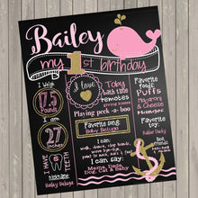 Load image into Gallery viewer, Nautical birthday sign, Whale chalkboard, girls wale pink glitter, First Birthday, Chalk Poster Board Sign Printable Size 16x20 photo prop