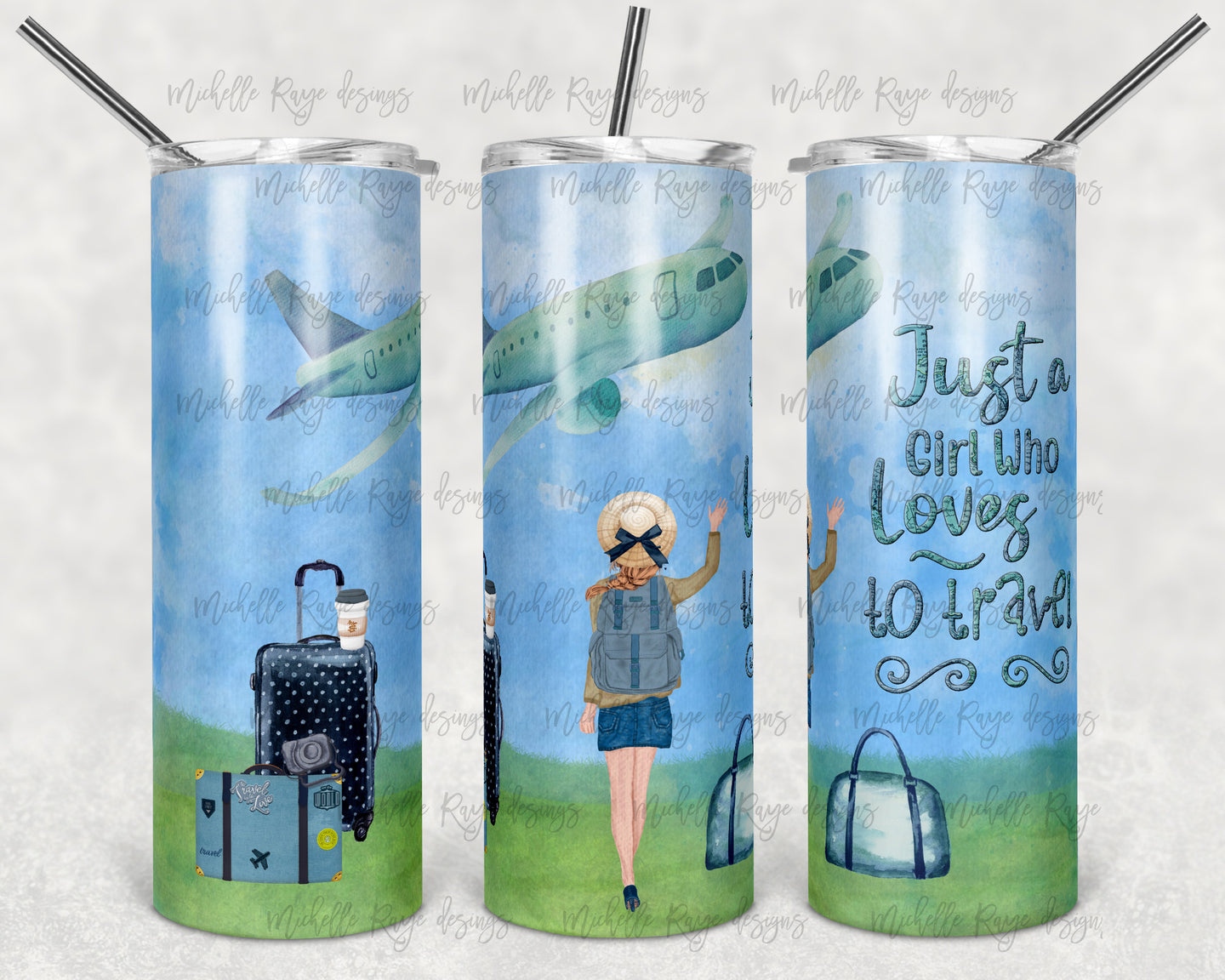 Just a Girl Who Loves to Travel with Blue Luggage