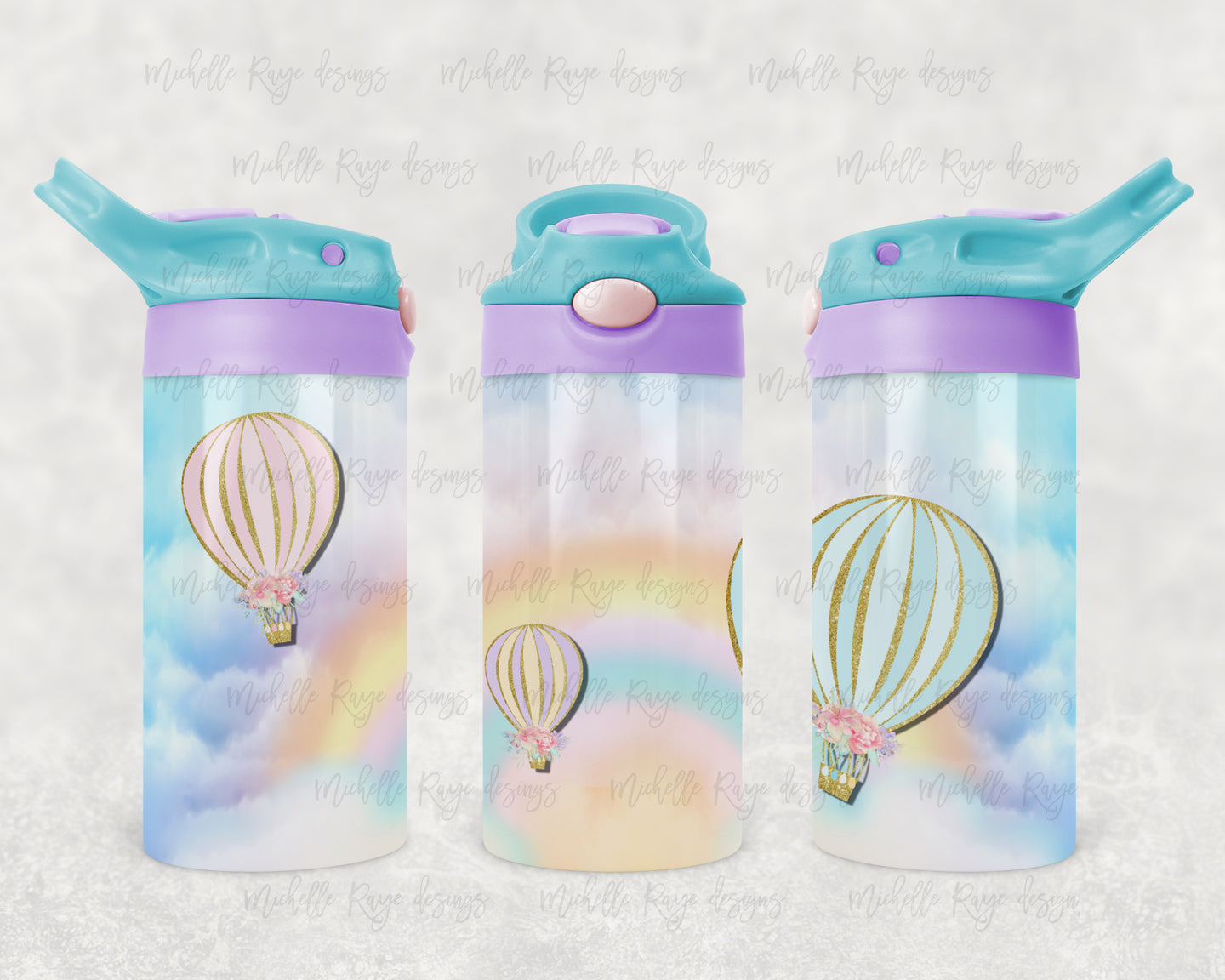 Kids Pastel and Gold Glitter Hot Air Balloons in Blue Sky