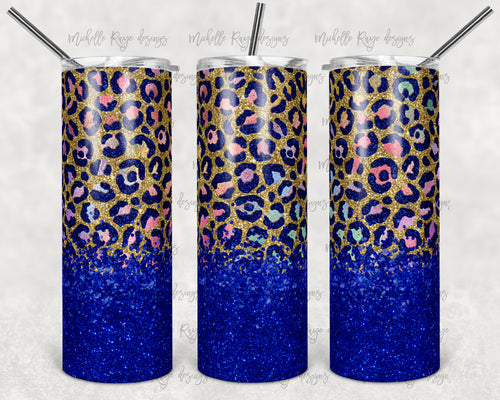 Ombre Pastel Rainbow Leopard Print with Blue Glitter