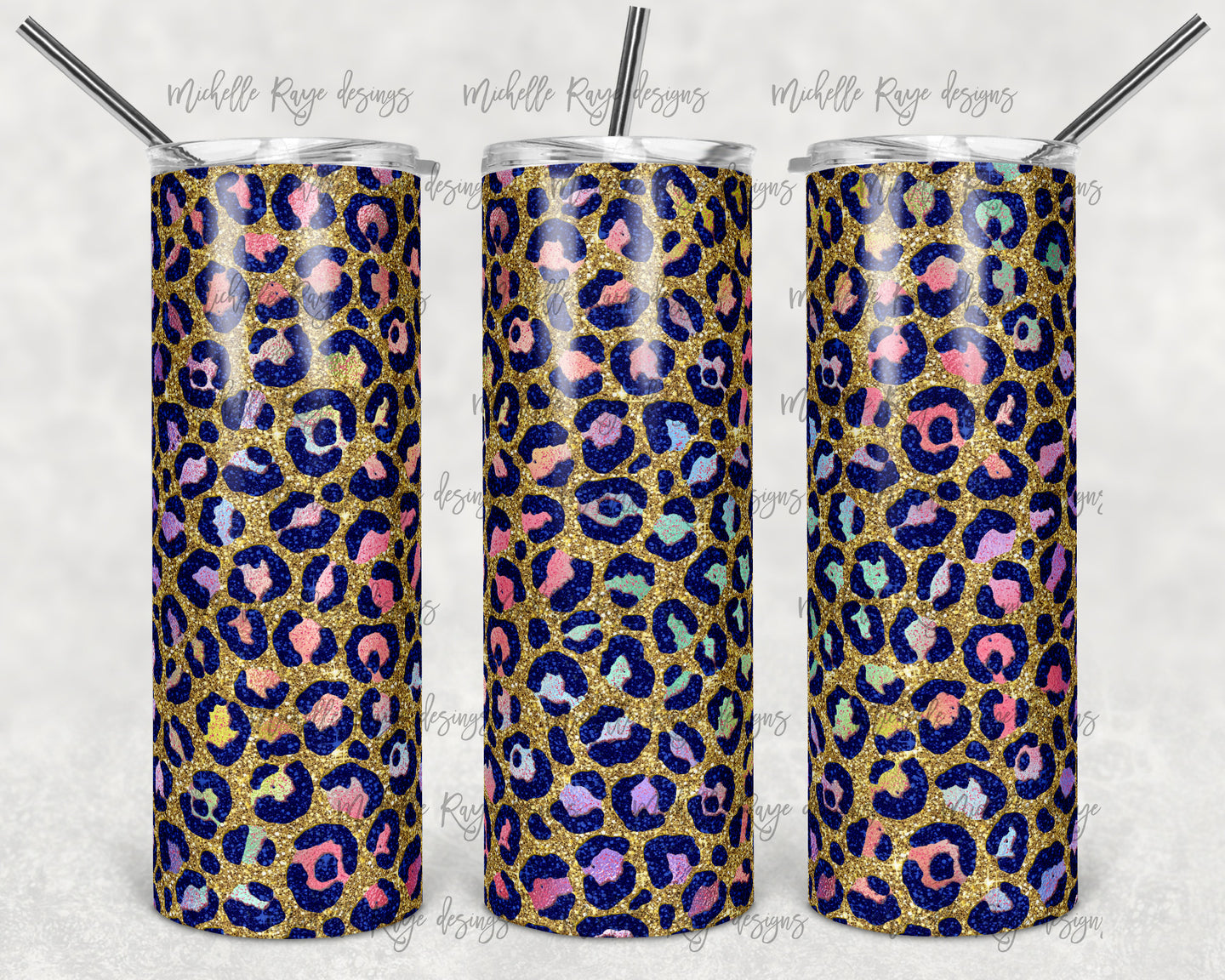 Navy Gold and Pastel Rainbow Leopard Print