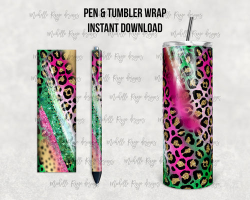 Leopard Pink Green Milky Way Epoxy Pen Wrap and Tumbler Combo