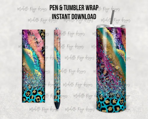 Leopard Shiny Pink Milky Way Glitter Epoxy Pen Wrap and Tumbler Combo