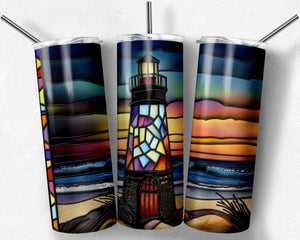 Lighthouse with Sunset Scene Stained Glass