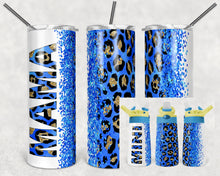 Load image into Gallery viewer, Blue Glitter and Leopard Mama and Mini Set - 20 Oz Skinny Tumbler and 15 Oz Kids Flip Top