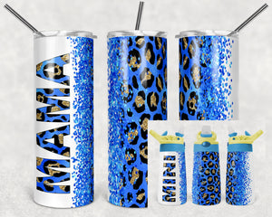 Blue Glitter and Leopard Mama and Mini Set - 20 Oz Skinny Tumbler and 15 Oz Kids Flip Top