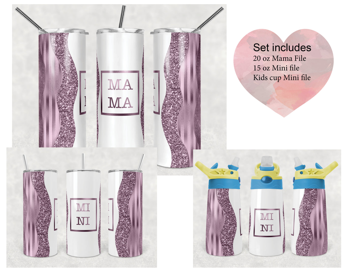 Mama Mini Violet Set  - Kids Flip Cup, 15oz Skinny Tumbler, 20 Oz Skinny Tumbler Design