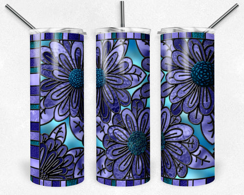 Moms Teal and Light Purple Flowers Stained Glass