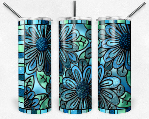 Moms Teal Flowers Stained Glass
