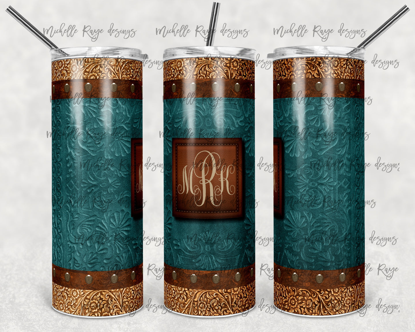 Teal Tooled Leather with Leather Patch Perfect for Monogram